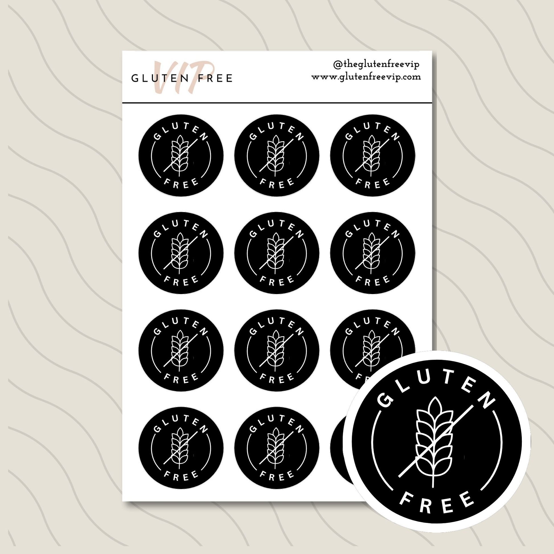 Sheet of black round “Gluten Free” pantry labels with a wheat symbol.