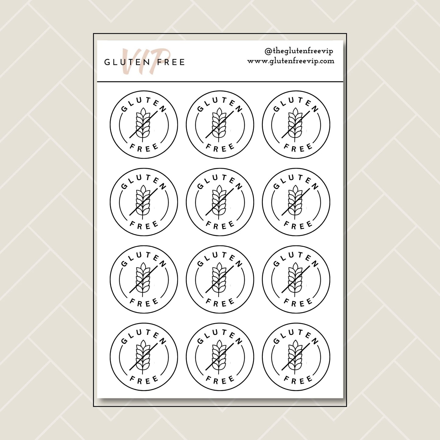 Sheet of white round “Gluten Free” pantry labels with a wheat symbol.