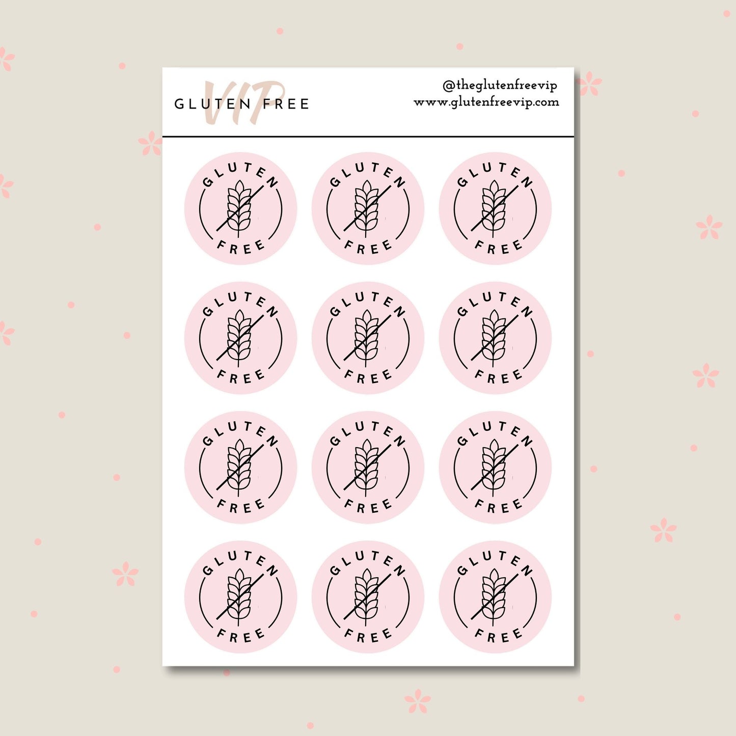 Sheet of pink round “Gluten Free” pantry labels with a wheat symbol.