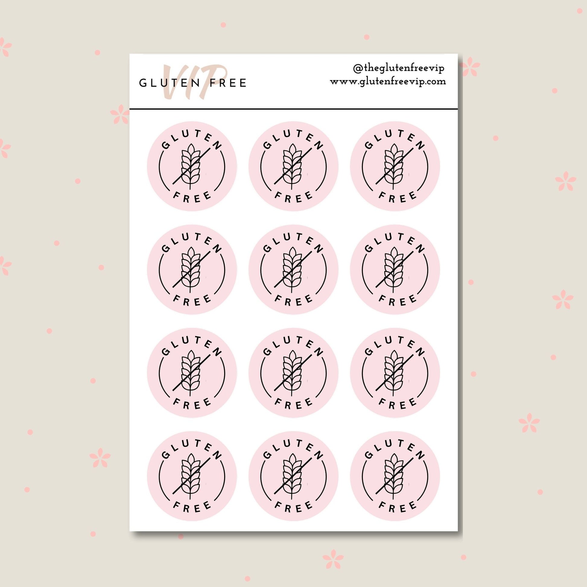 Sheet of pink round “Gluten Free” pantry labels with a wheat symbol.