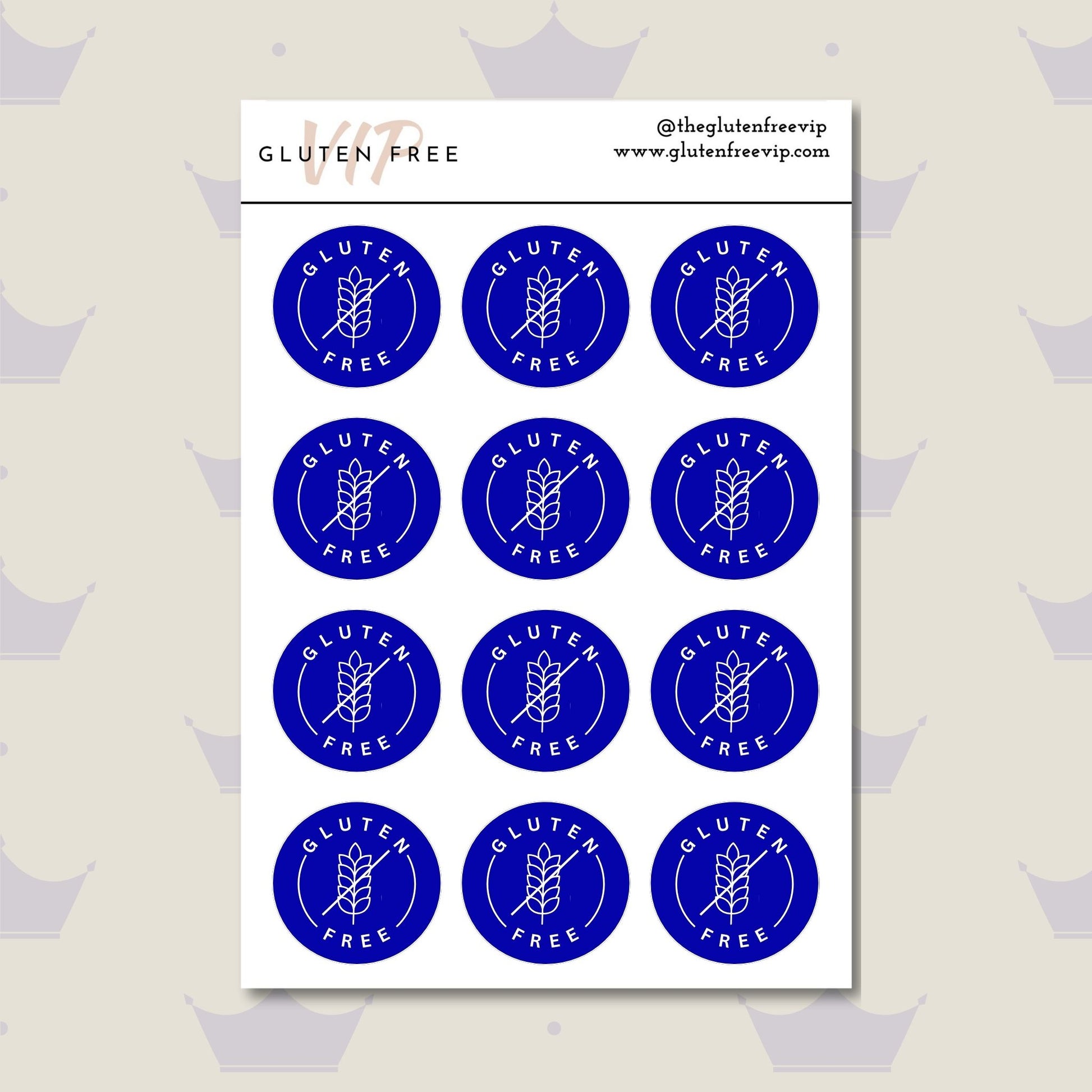 Sheet of royal blue round “Gluten Free” pantry labels with a wheat symbol.