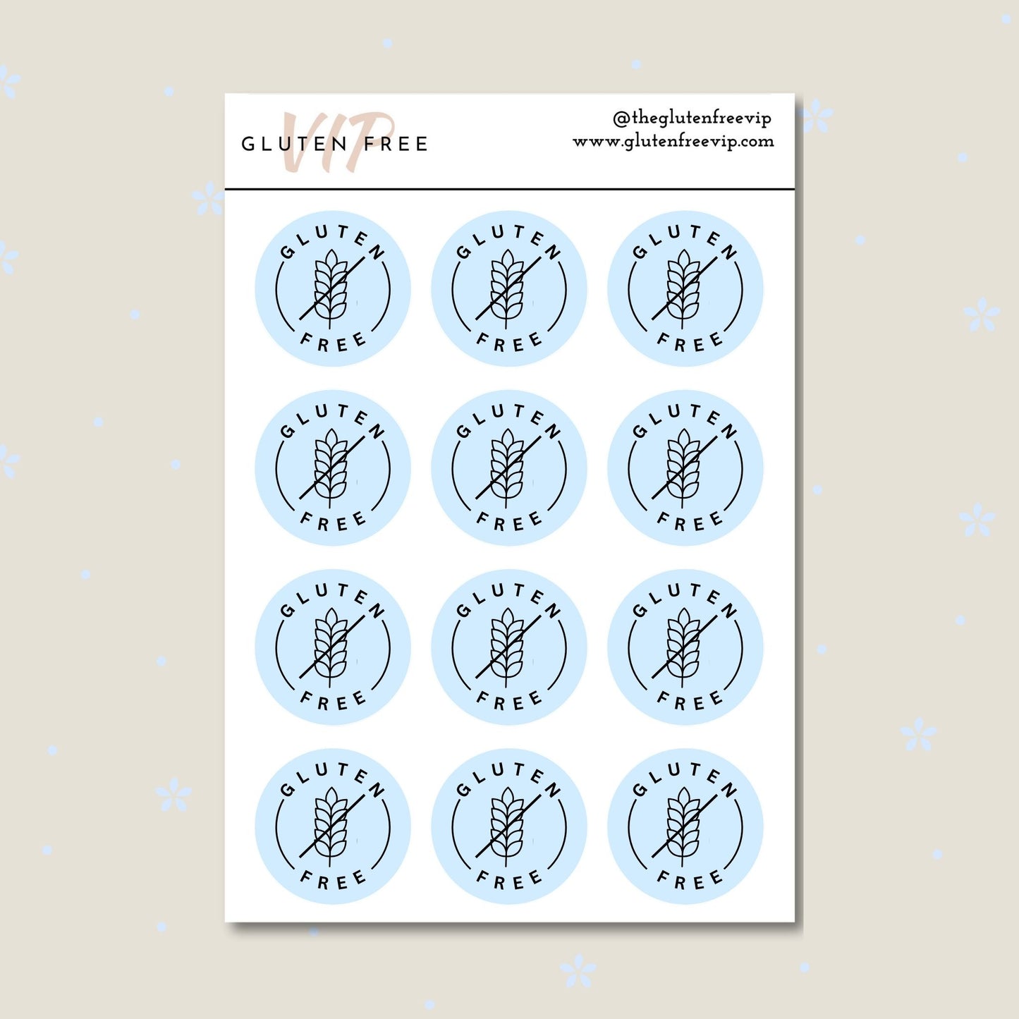 Sheet of sky blue round “Gluten Free” pantry labels with a wheat symbol