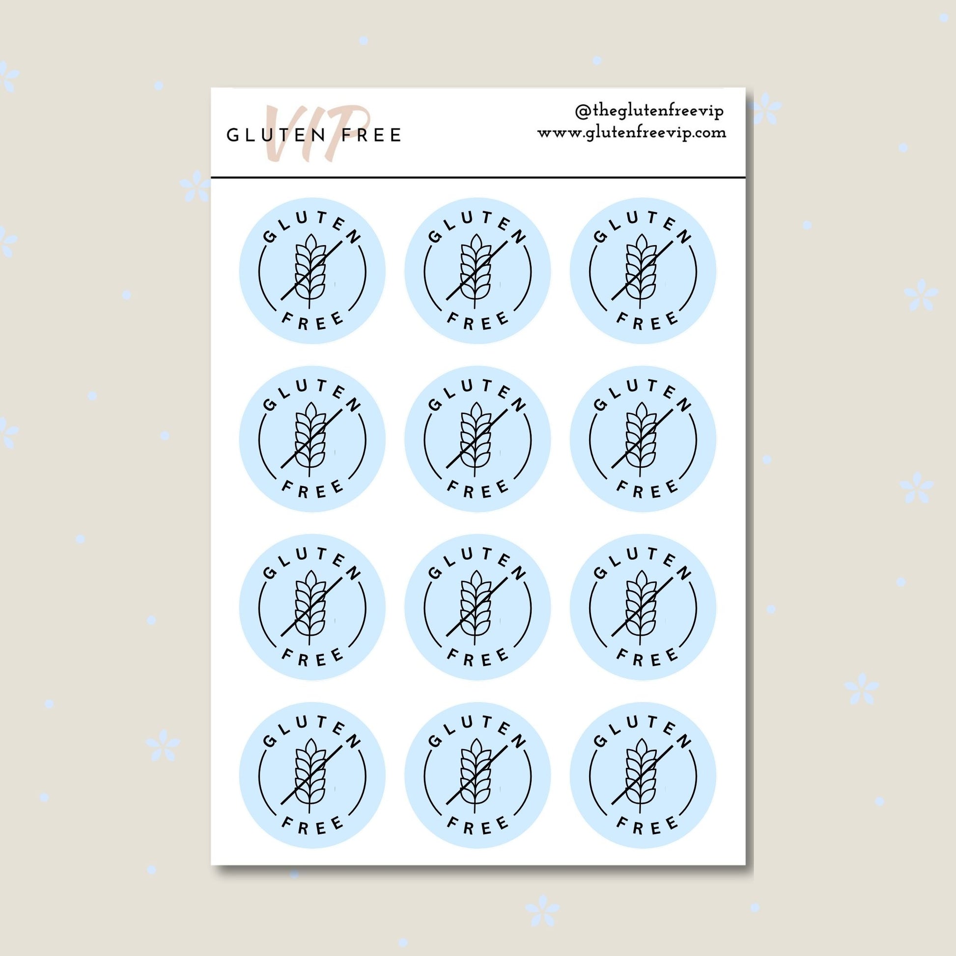 Sheet of sky blue round “Gluten Free” pantry labels with a wheat symbol